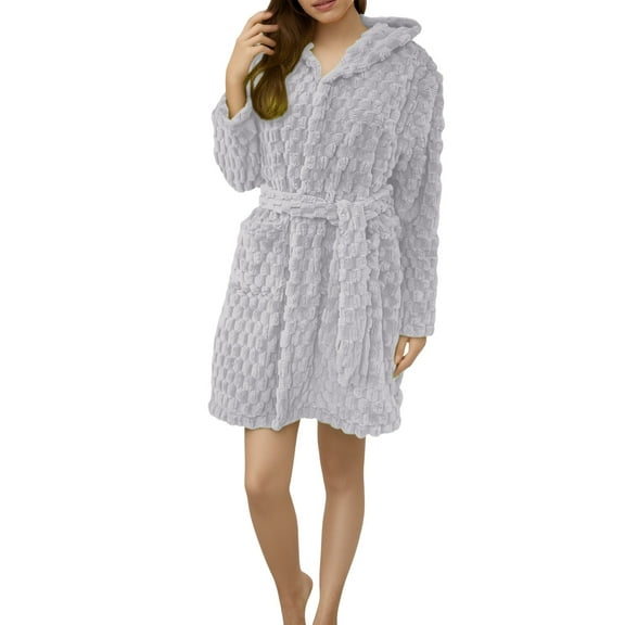 Women's Knee Length Plush Fleece Bathrobe, Soft Absorbent Hooded Robe with Pockets, Warm Thickened Loungewear for Home Spa, After Shower, Winter Comfort and Relaxation Wear Light Ashy M