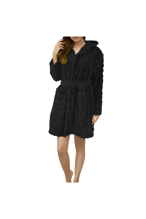 Women's Knee Length Plush Fleece Bathrobe, Soft Absorbent Hooded Robe with Pockets, Warm Thickened Loungewear for Home Spa, After Shower, Winter Comfort and Relaxation Wear Black L