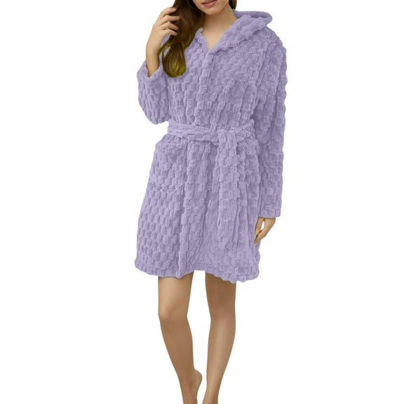 Women's Knee Length Plush Fleece Bathrobe, Soft Absorbent Hooded Robe with Pockets, Warm Thickened Loungewear for Home Spa, After Shower, Winter Comfort and Relaxation Wear Purple M