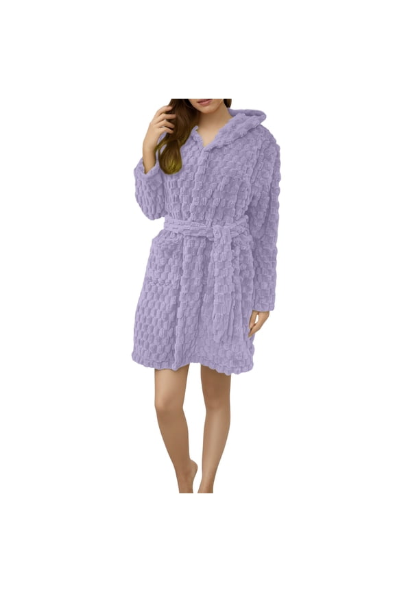 Women's Knee Length Plush Fleece Bathrobe, Soft Absorbent Hooded Robe with Pockets, Warm Thickened Loungewear for Home Spa, After Shower, Winter Comfort and Relaxation Wear Purple M
