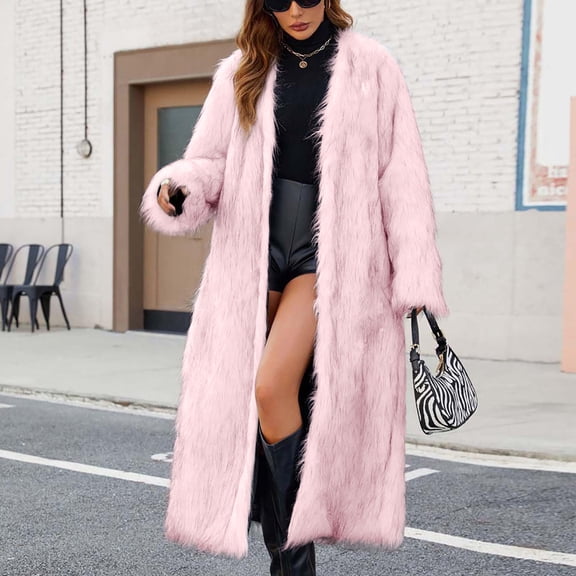 Women's Over the Knee Length Plush Overcoat, Long Fuzzy Coat, Oversized Faux Fur Jacket, Winter Warm Coat, Casual Lounge Coat, Plus Size Outerwear Pink XXL