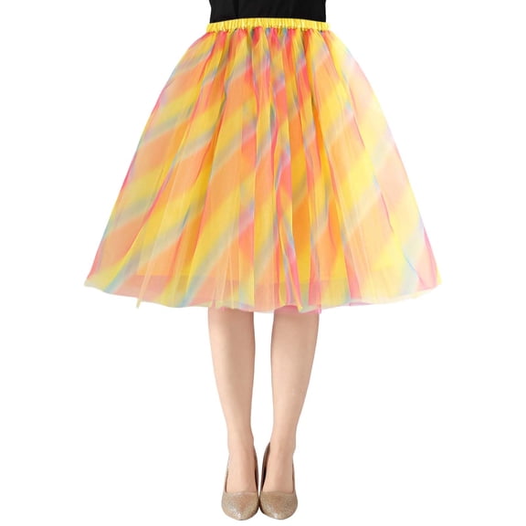 Women's Knee Length Skirt Mesh Tutu Flowy Party Casual Beach Spring Summer Boho Yellow Skirt L