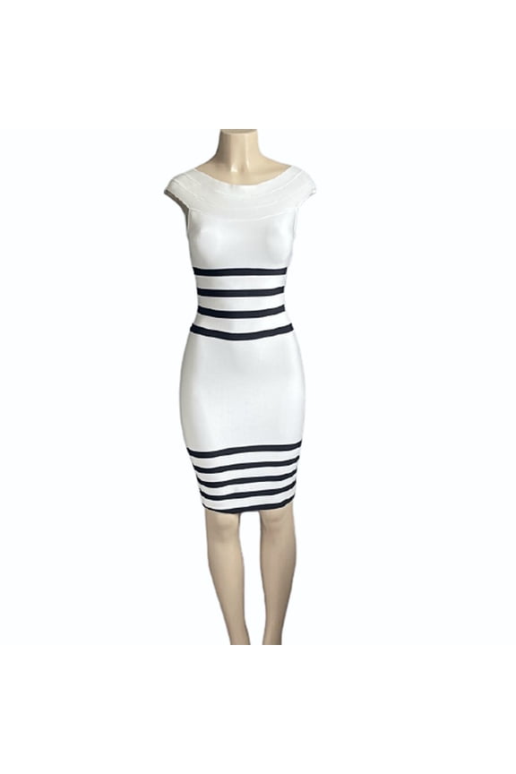 Women's Knee Length Sleeveless Portrait Neck White Striped Bodycon Bandage Dress M