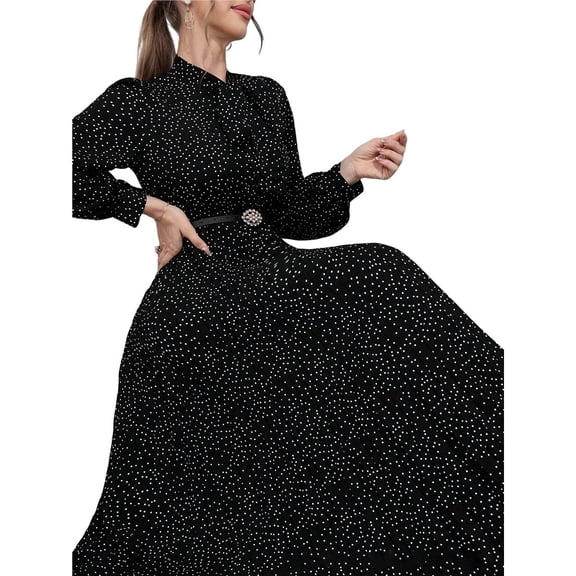 Women's Knee-Length Spring and Autumn Dresses Bowknot Solid Color Shirt Sleeve Big Swing Long Dresses Black L