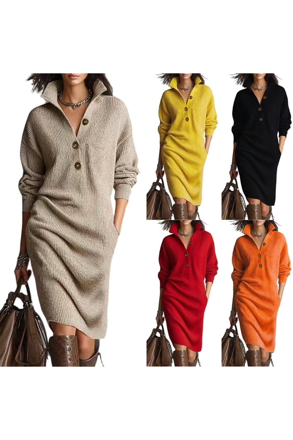 Women's Knee-Length Sweater Dress Solid Color Knitted Long Loose for Fall and Winter Style, Ideal for Holiday Parties and Casual Dresses, Comfortable and Elegant,Black,M