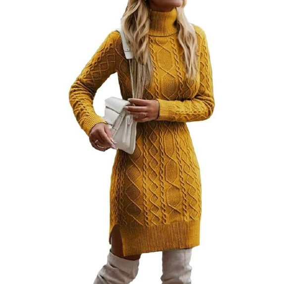 Women's Knee-Length Turtleneck Cable Knit Sweater Dress Sexy Long Sleeve Fitted Dress Dressy Casual Short Dresses