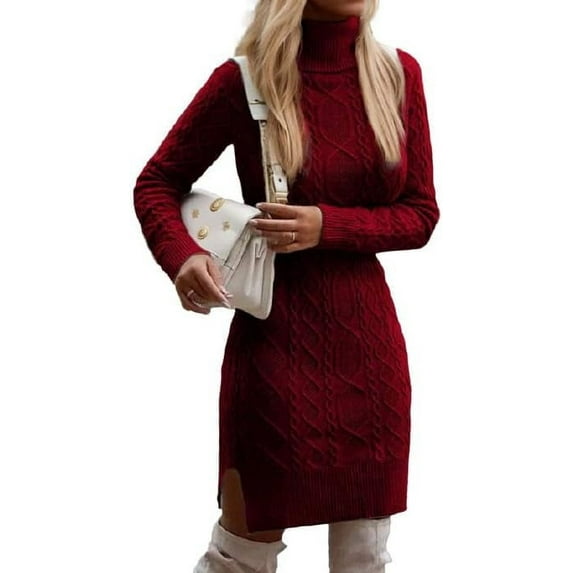 Women's Knee-Length Turtleneck Cable Knit Sweater Dress Sexy Long Sleeve Fitted Dress Dressy Casual Short Dresses