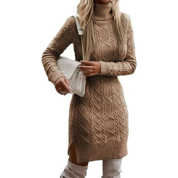 Women's Knee-Length Turtleneck Cable Knit Sweater Dress Sexy Long Sleeve Fitted Dress Dressy Casual Short Dresses