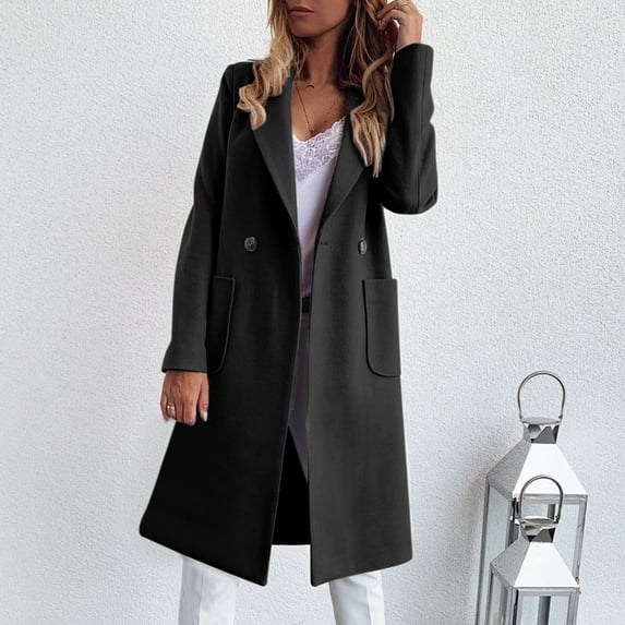 Women's Knee Length Wool Blend Coat, Solid Color Lapel Trench Coat, Casual Winter Overcoat, Fall Winter Jacket with Pockets, Multi-Color Options Black L