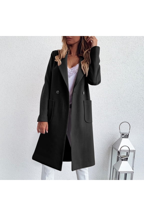 Women's Knee Length Wool Blend Coat, Solid Color Lapel Trench Coat, Casual Winter Overcoat, Fall Winter Jacket with Pockets, Multi-Color Options Black XXL