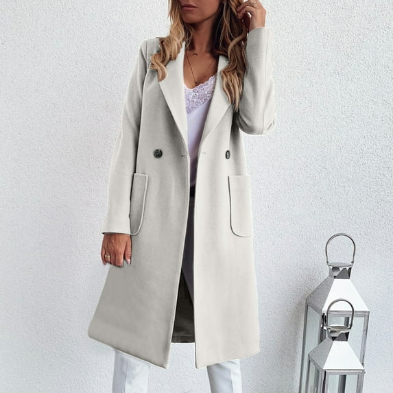 Women's Knee Length Wool Blend Coat, Solid Color Lapel Trench Coat, Casual Winter Overcoat, Fall Winter Jacket with Pockets, Multi-Color Options Grey L