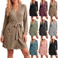 thumbnail image 1 of Women's Knee Length Wrap Robe Ribbed Knit Bathrobe with Pockets and Tie Belt Cozy Homewear Sleepwear, 1 of 8