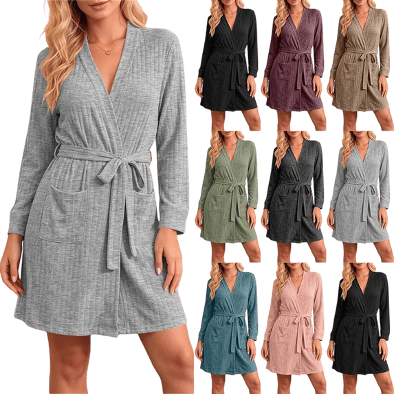 Women's Knee Length Wrap Robe Ribbed Knit Bathrobe with Pockets and Tie Belt Cozy Homewear Sleepwear