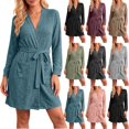 thumbnail image 1 of Women's Knee Length Wrap Robe Ribbed Knit Bathrobe with Pockets and Tie Belt Cozy Homewear Sleepwear, 1 of 8