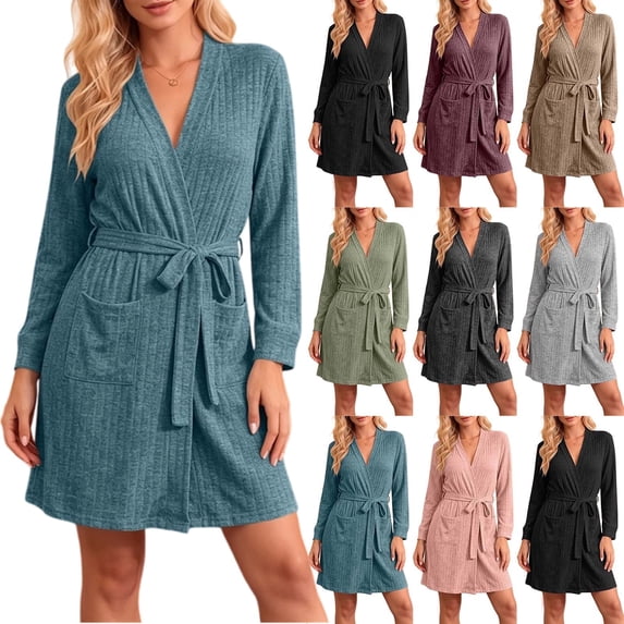 Women's Knee Length Wrap Robe Ribbed Knit Bathrobe with Pockets and Tie Belt Cozy Homewear Sleepwear