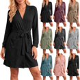 thumbnail image 1 of Women's Knee Length Wrap Robe Ribbed Knit Bathrobe with Pockets and Tie Belt Cozy Homewear Sleepwear, 1 of 8