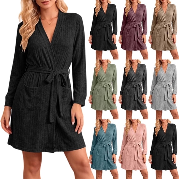 Women's Knee Length Wrap Robe Ribbed Knit Bathrobe with Pockets and Tie Belt Cozy Homewear Sleepwear