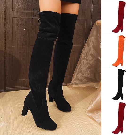 Women's Over the Knee Thigh High Long Boots with Block Heel | Tie-top Stretch Shaft, Slender High Heel, a Sleek Over-the-knee Look for Dresses, Jeans and Parties
