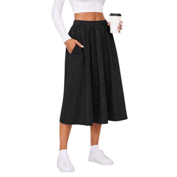 Women's Knit A-Line Midi Skirt with Side Pockets Elastic High Waist Loose Fit Casual Skirt for Work Daily Wear