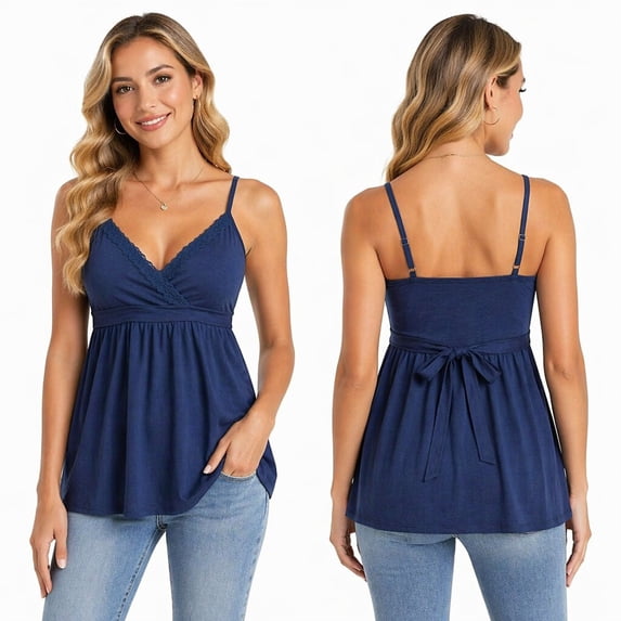 Women's Knit Babydoll Cami, Y2k Spaghetti Strap Peplum Top With Lace Trim V Neck, Sleeveless Tank Top A-Line Flared Hem for Jeans Cargos Mini Skirt, S-XXXL