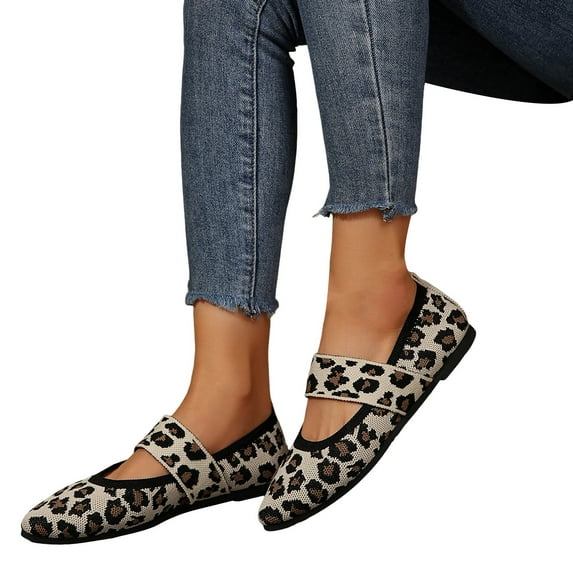 Women's Knit Ballet Flats Dress Shoes Fashion Casual Leopard Pointed Toe Slip on Loafers Walking Shoes Fall