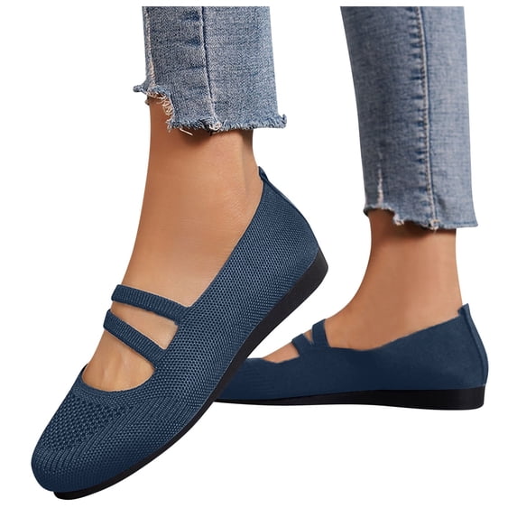 Women's Knit Ballet Flats Shoes Low Wedge Comfortable Slip On Round Toe Dressy Mary Jane Shoes with Ankle Strap Blue Size 8