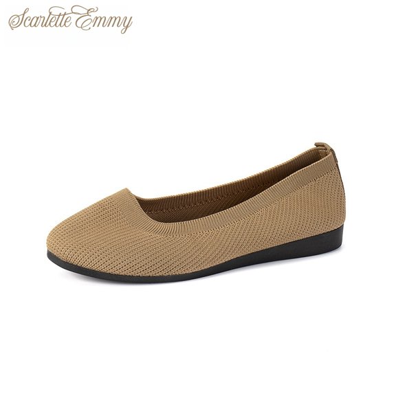 Women’s Knit Ballet Flats, Soft Breathable Slip-On Dress Shoes, Lightweight Stretch Comfort Loafers for Walking Work Travel, Cushioned Non-Slip Flat Shoes, Fashion Casual Solid Color Knit Flats