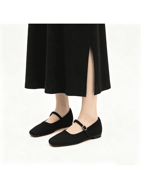 Women's Knit Ballet Flats Square Toe Mary Jane Flats for Women Breathable Knitted Flats with Adjustable Strap Ladies Casual Walking Flats Dress Shoes