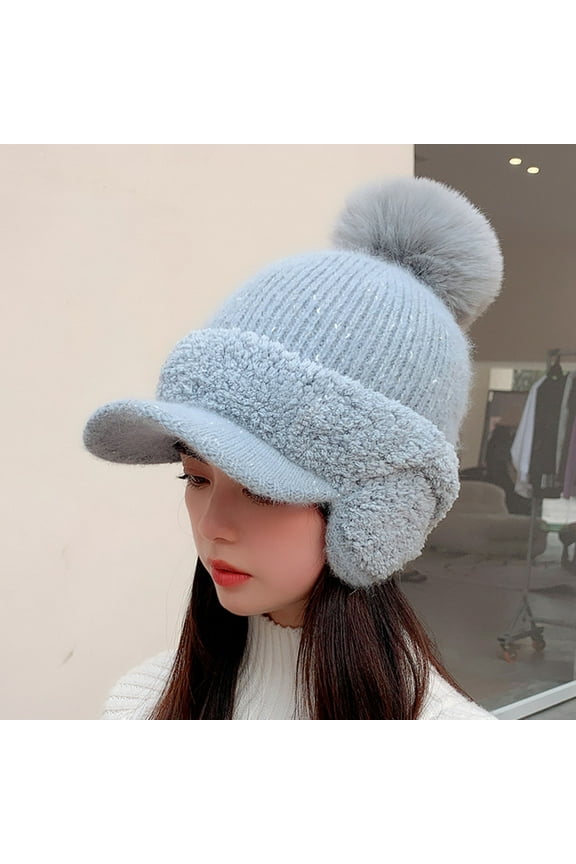 Women's Knit Baseball Cap, Fleece Lined Beanie with Pom Pom and Ear Flaps, Cute Winter Hat, Warm Cold Weather Knit Cap, Cute Winter Accessory Grey