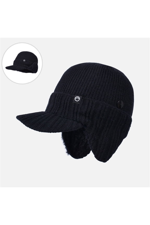 Women's Knit Baseball Hat with Brim, Winter Beanie with Brim and Convertible Ear Flaps, Thermal Fleece Lined Folding Earflap Hat for Skiing Running and Cold Weather - Black