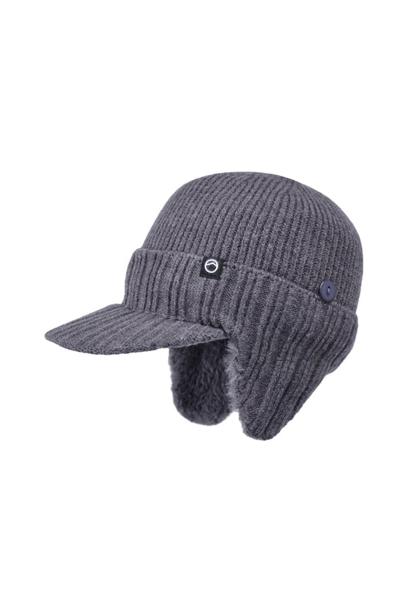 Women's Knit Baseball Hat with Brim, Winter Beanie with Brim and Convertible Ear Flaps, Thermal Fleece Lined Folding Earflap Hat for Skiing Running and Cold Weather - Dark Gray