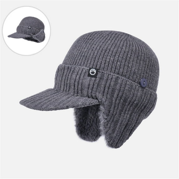 Women's Knit Baseball Hat with Brim, Winter Beanie with Brim and Convertible Ear Flaps, Thermal Fleece Lined Folding Earflap Hat for Skiing Running and Cold Weather - Dark Gray