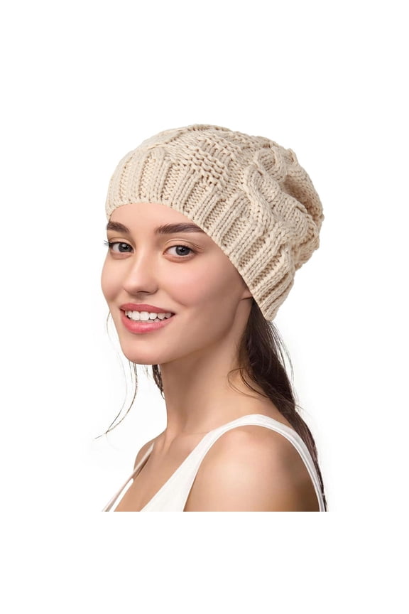 Women's Knit Beanie with Cable Pattern, Retro Style Stretchable Wool Blend Winter Hat, Warm Slouchy Crochet Cap for Cold Weather, Cozy Baggy Beanie for Skiing and Daily Winter Wear Beige