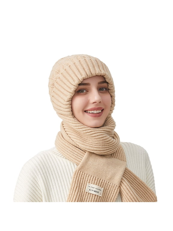 Women's Knit Beanie Elastic Ear Protection Attached Neck Scarf Soft Warm Cold Weather Winter Accessory Beige Free Size
