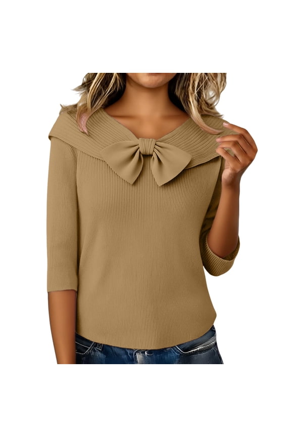 Women's Knit Blouse, Sailor Collar Bow Knit Blouse 3/4 Sleeve Ribbed Knit Top Half-Sleeve Knit Pullover Half-Sleeve Elegant Knit Blouse Winter Clothing, Khaki M