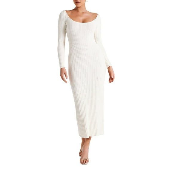 Women's Knit Bodycon Long Dress Solid Color Ribbed Scoop-Neck Long Sleeve Thigh Slit Dress