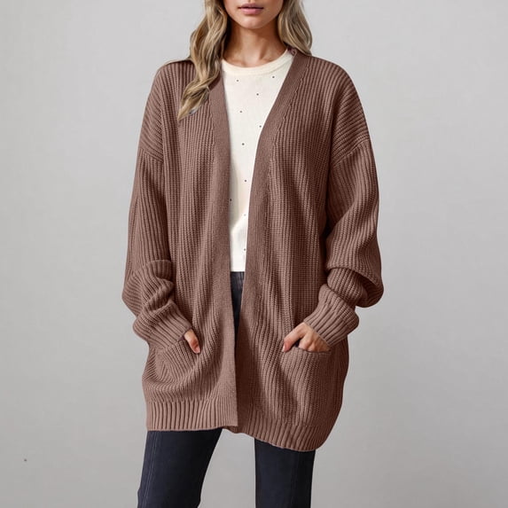 Women's Knit Cardigan Open Front Long Length with Pockets, Loose Fit Winter Sweater Coat for Layering Plus Size, Soft Casual Warmth Office Streetwear