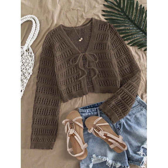 Women's Knit Cardigan Open Front Tie Front Long Sleeve Cropped Loose Fit Ribbed Cuffs Hem Top for Spring Summer Fall Layering Boho Vacation Daily Outfits