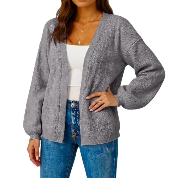 Women's Knit Cardigan, Solid Color Long Sleeve Open Front Sweater, Lightweight Layer for Work Office, Pregnancy & Spring Autumn TransitionGrayM
