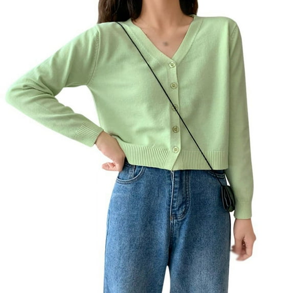 Women's Knit Cardigan, Spring Soild Color V-neck Long Sleeve Thin Korean Style Crop Tops