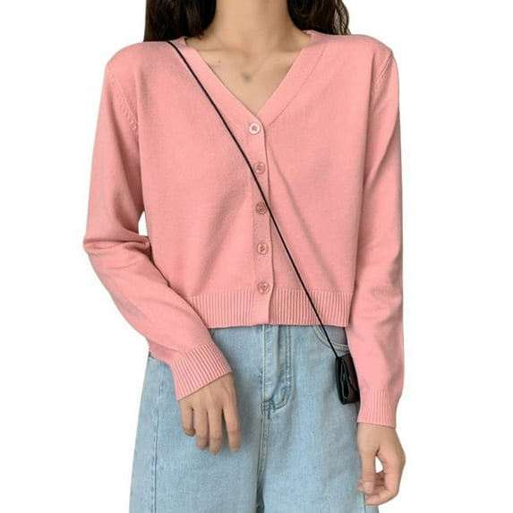 Women's Knit Cardigan, Spring Soild Color V-neck Long Sleeve Thin Korean Style Crop Tops