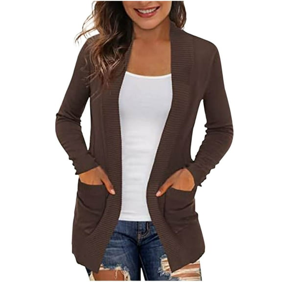 Women's Knit Cardigan Sweater Long Open Front Long Sleeve Sweater with Pockets Lightweight Fall Knitted Coats (Coffee XL)