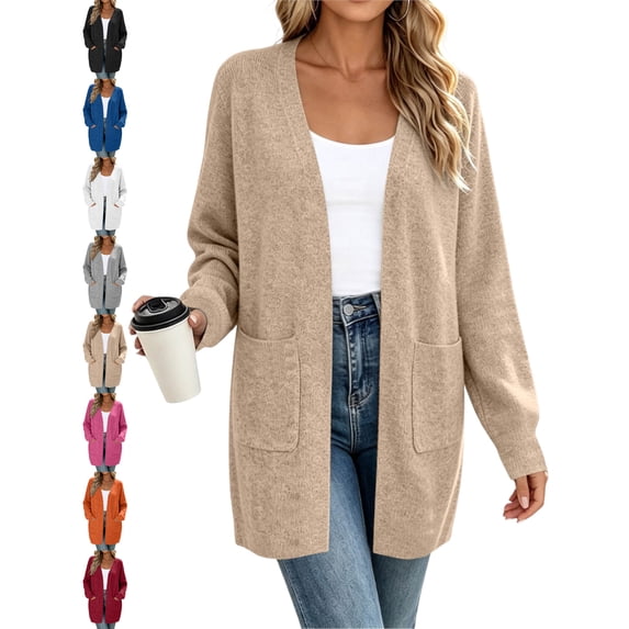 Women's Knit Cardigan Sweater Long Sleeve V-Neck Relaxed Fit Fall Tops with Pockets