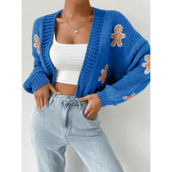 Women’s Knit Cardigan Sweater Open Front Chunky Cable Long Sleeve Cozy Warm Fall Winter Gingerbread Patch Cute Soft Casual Trendy Fashion Outerwear Holiday Gift