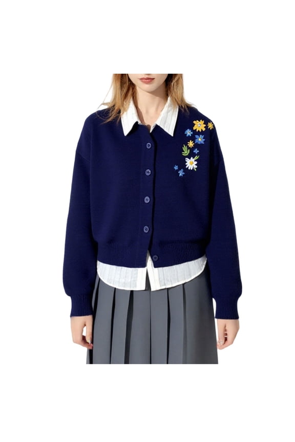Women's Knit Cardigan Sweaters Floral Embroidery Casual Long Sleeve Crew Neck Soft Open Front Button Sweater Outwear (Free Size, Navy)