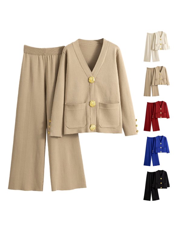 Women's Knit Cardigan And Wide Leg Pants Set, Soft Fabric Mid Rise Lounge Pants, Two Piece Outfit For Casual Office, Weekend Errands, Or Cozy Winter Wear, Versatile | CSEONE,Beige Free Size