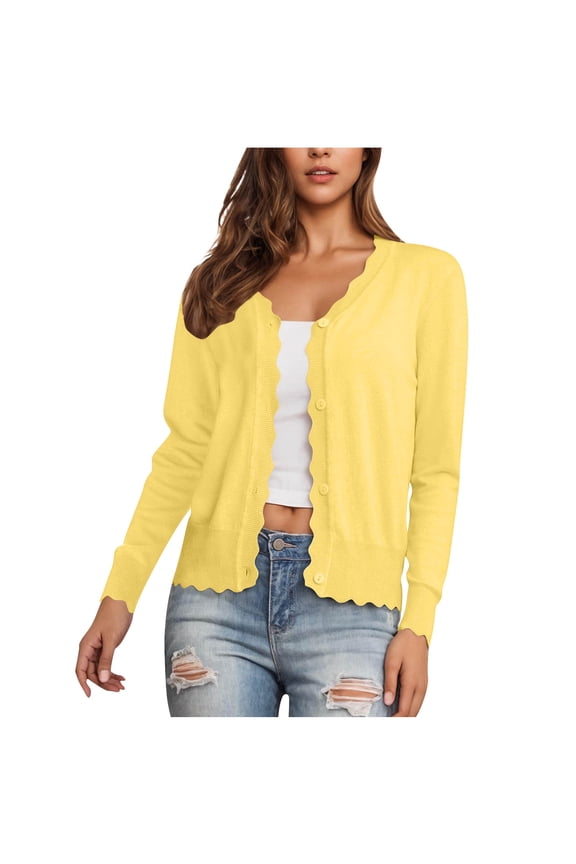 Women's Knit Cardigans Long Sleeve V Neck Scalloped Button Down Lightweight Trendy Shrugs Cotton Jumper Outerwear (M, Yellow)