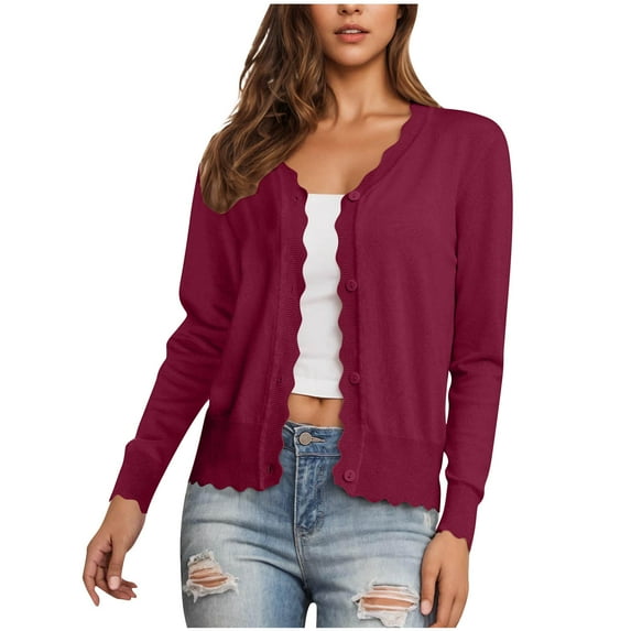 Women's Knit Cardigans Long Sleeve V Neck Scalloped Button Down Lightweight Trendy Shrugs Cotton Jumper Outerwear (S, Wine)