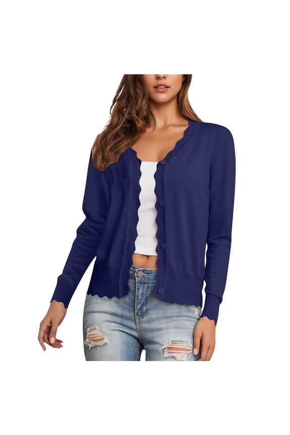 Women's Knit Cardigans Long Sleeve V Neck Scalloped Button Down Lightweight Trendy Shrugs Cotton Jumper Outerwear (XL, Dark Blue)