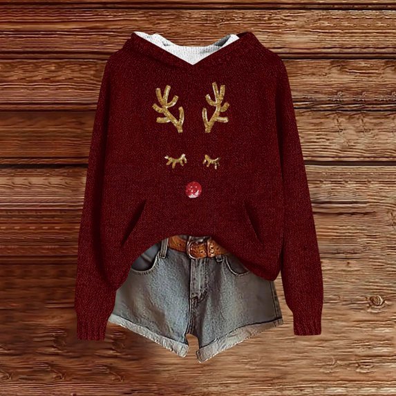 Women's Knit Christmas Deer Printed Hooded Sweatshirt, Cute Long Sleeve Pullover Hoodie, Fall Winter Fashion Casual Top,Wine,S